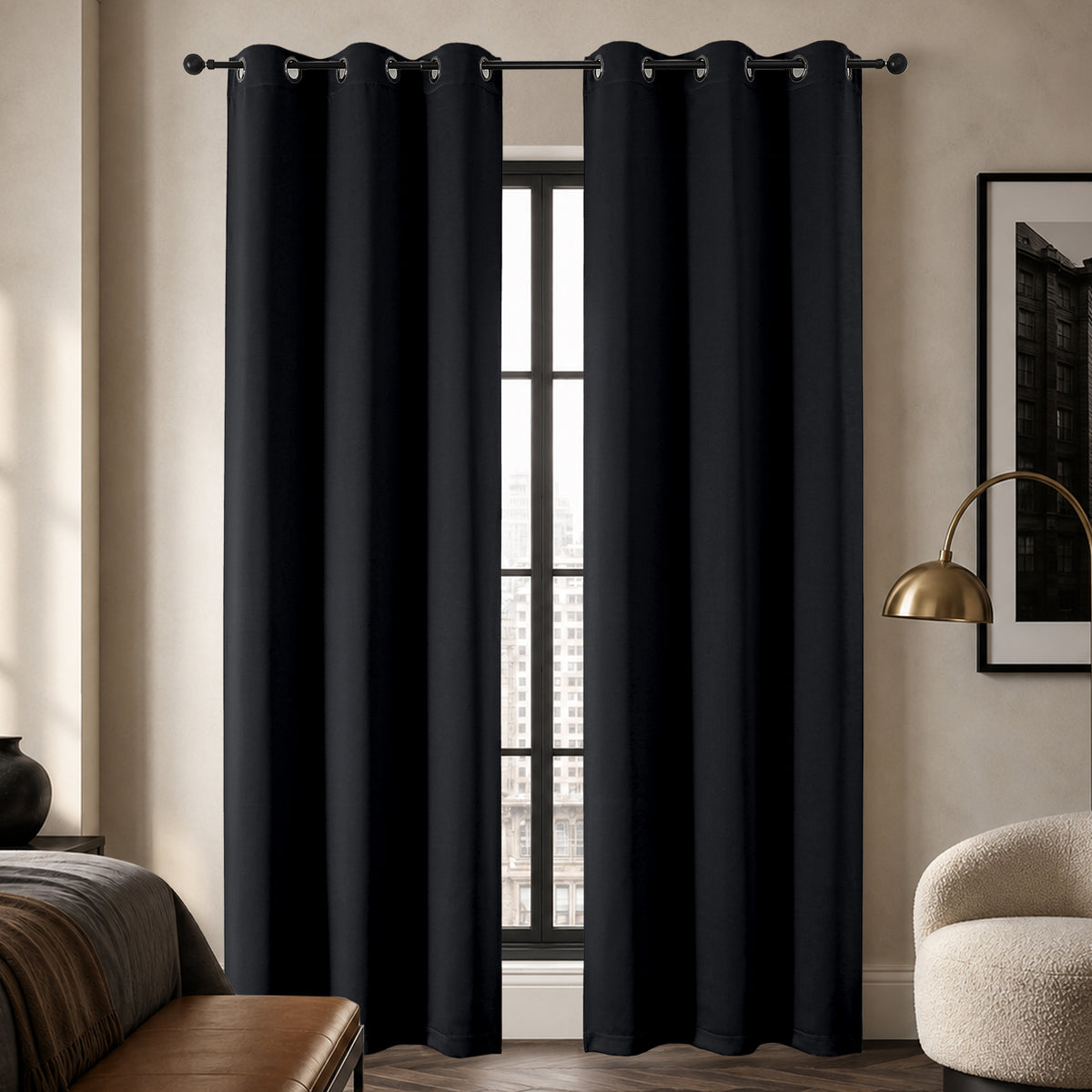 MKHILL Grommet Blackout Curtains, 2 Panels - Black - 40"W x 84"L - 2 Panels