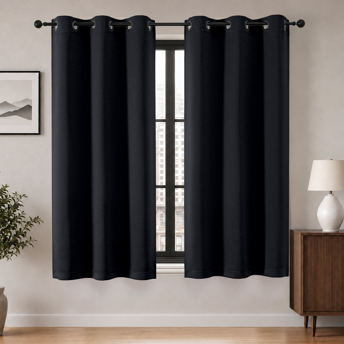 MKHILL Grommet Blackout Curtains, 2 Panels - Black - 40"W x 63"L - 2 Panels