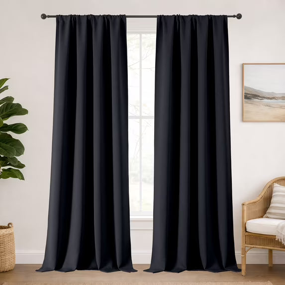 MKHILL Aether Black Blackout Curtains 2 Panels，Each 40" W x 63" L, Black