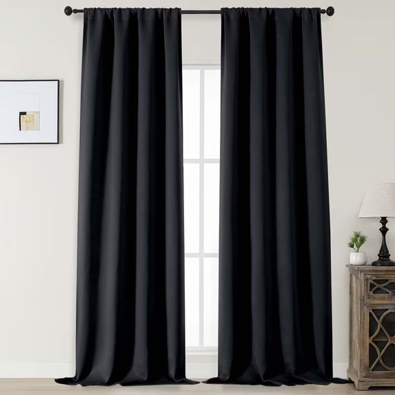 MKHILL Aether Black Blackout Curtains 2 Panels，Each 40" W x 63" L, Black