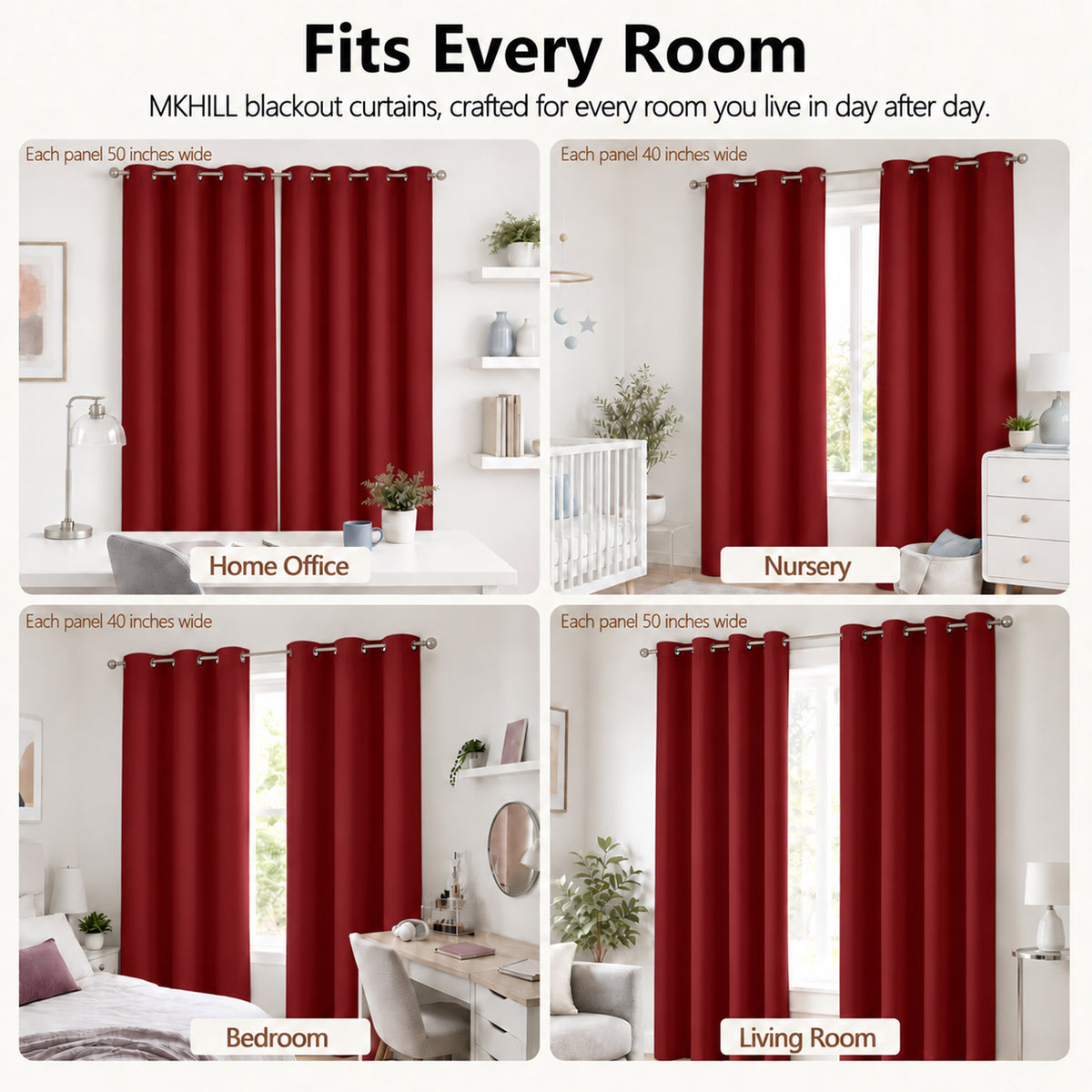 MKHILL Grommet Blackout Curtains, 2 Panels - Red - product detail