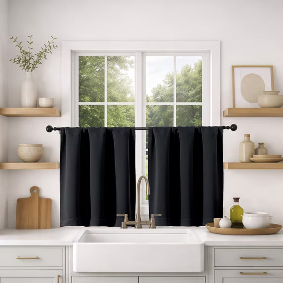 MKHILL Vela Black Blackout Tier Curtains 36 Inch 2 Panels, Thermal Insulated Room Darkening Rod Pocket Cafe
