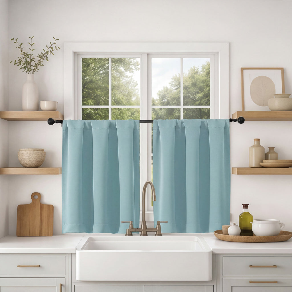 MKHILL Vela Aqua Short Blackout Curtains 36 Inch 2 Panels, Room Darkening Thermal Insulated Rod Pocket Half Window Tier Curtains for Kitchen Sink Bathroom RV Camper