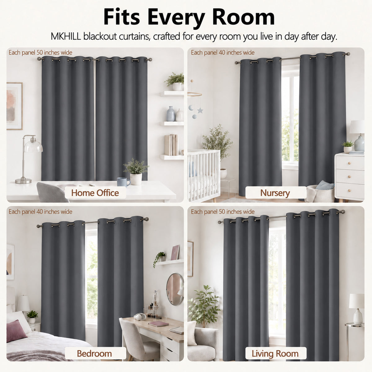 MKHILL Grommet Blackout Curtains, 2 Panels - Charcoal - product detail