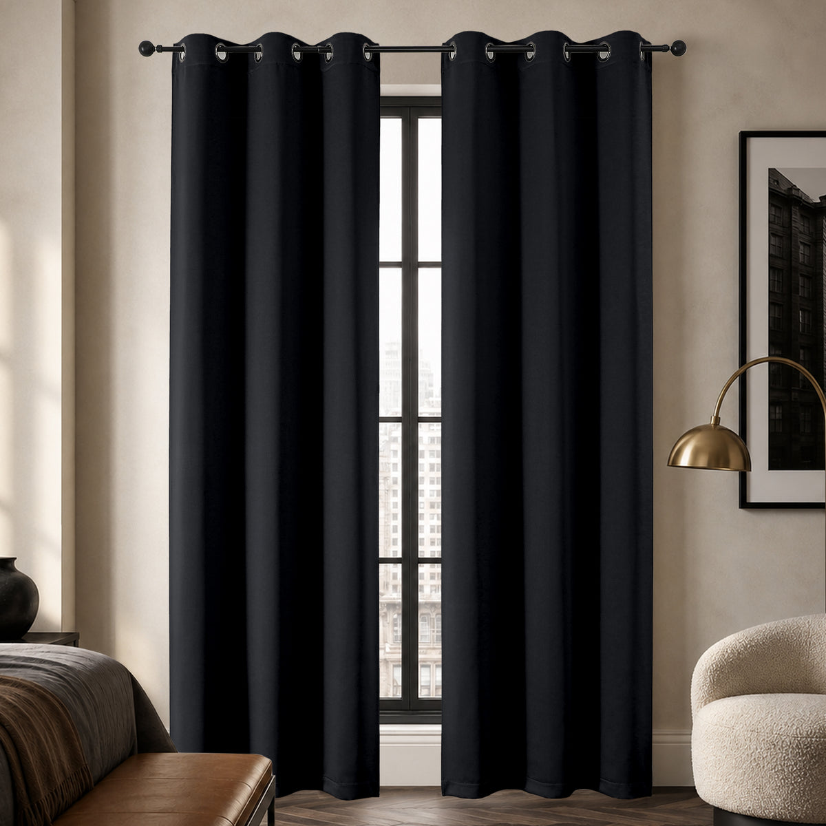 MKHILL Grommet Blackout Curtains, 2 Panels - Black - 40"W x 72"L - 2 Panels