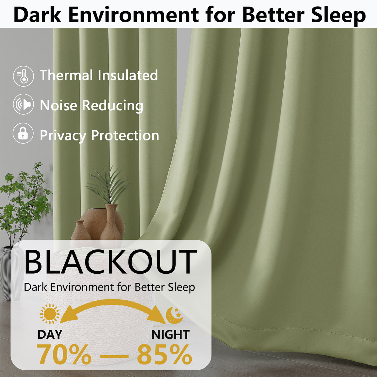 MKHILL Grommet Blackout Curtains, 2 Panels - Sage Green - product detail
