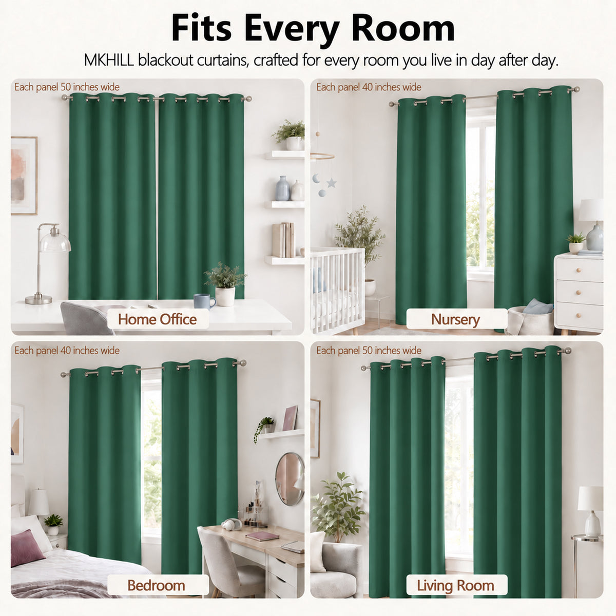 MKHILL Grommet Blackout Curtains, 2 Panels - Ever Green - product detail