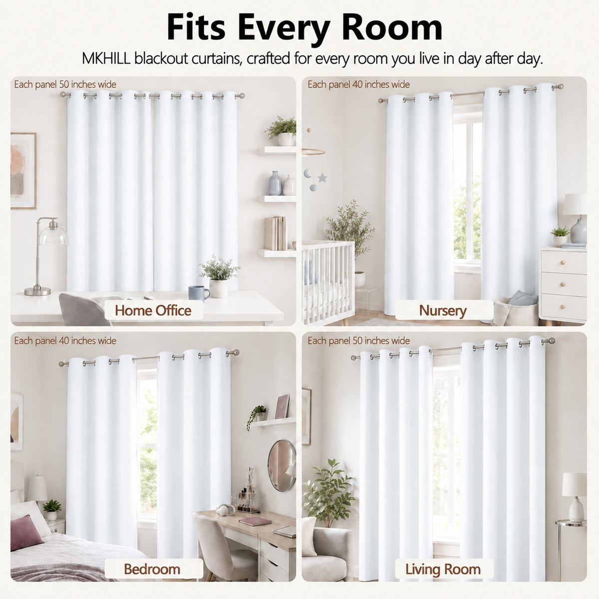 MKHILL Grommet Blackout Curtains, 2 Panels - Pure White - product detail
