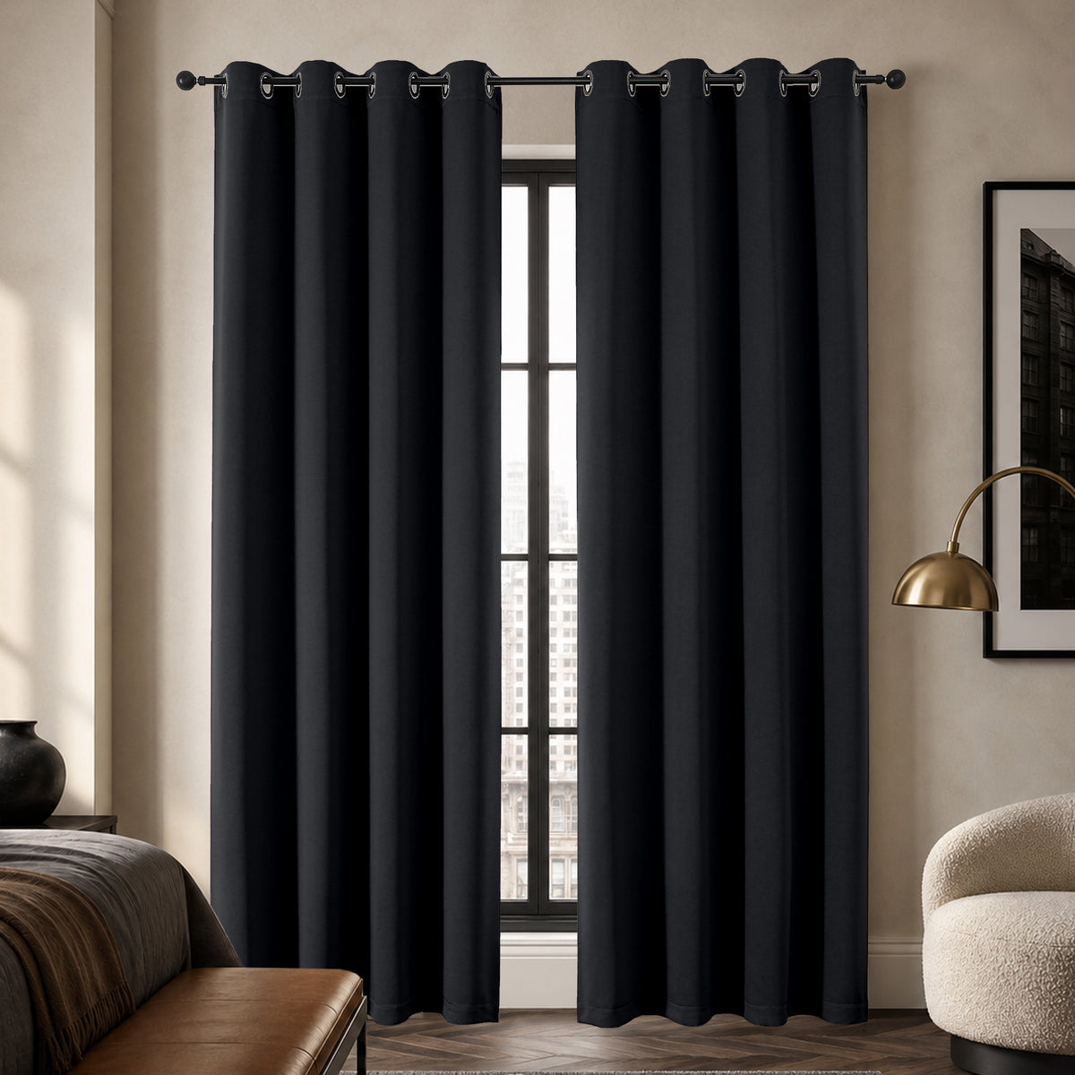 MKHILL Grommet Blackout Curtains, 2 Panels - Black - 50"W x 84"L - 2 Panels