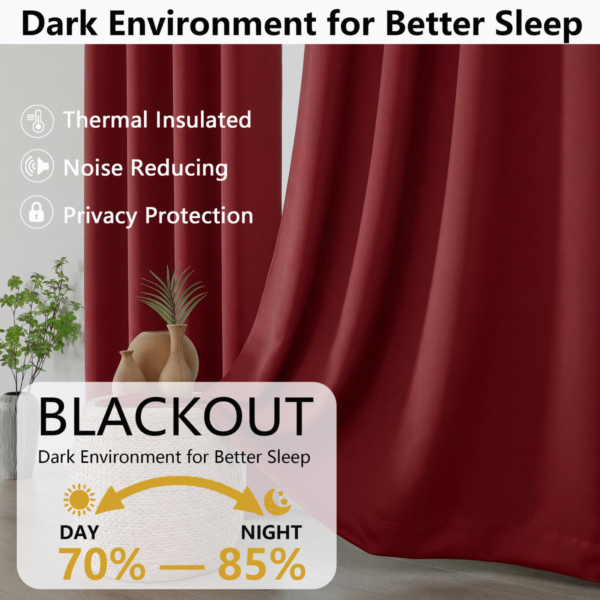 MKHILL Grommet Blackout Curtains, 2 Panels - Red - product detail