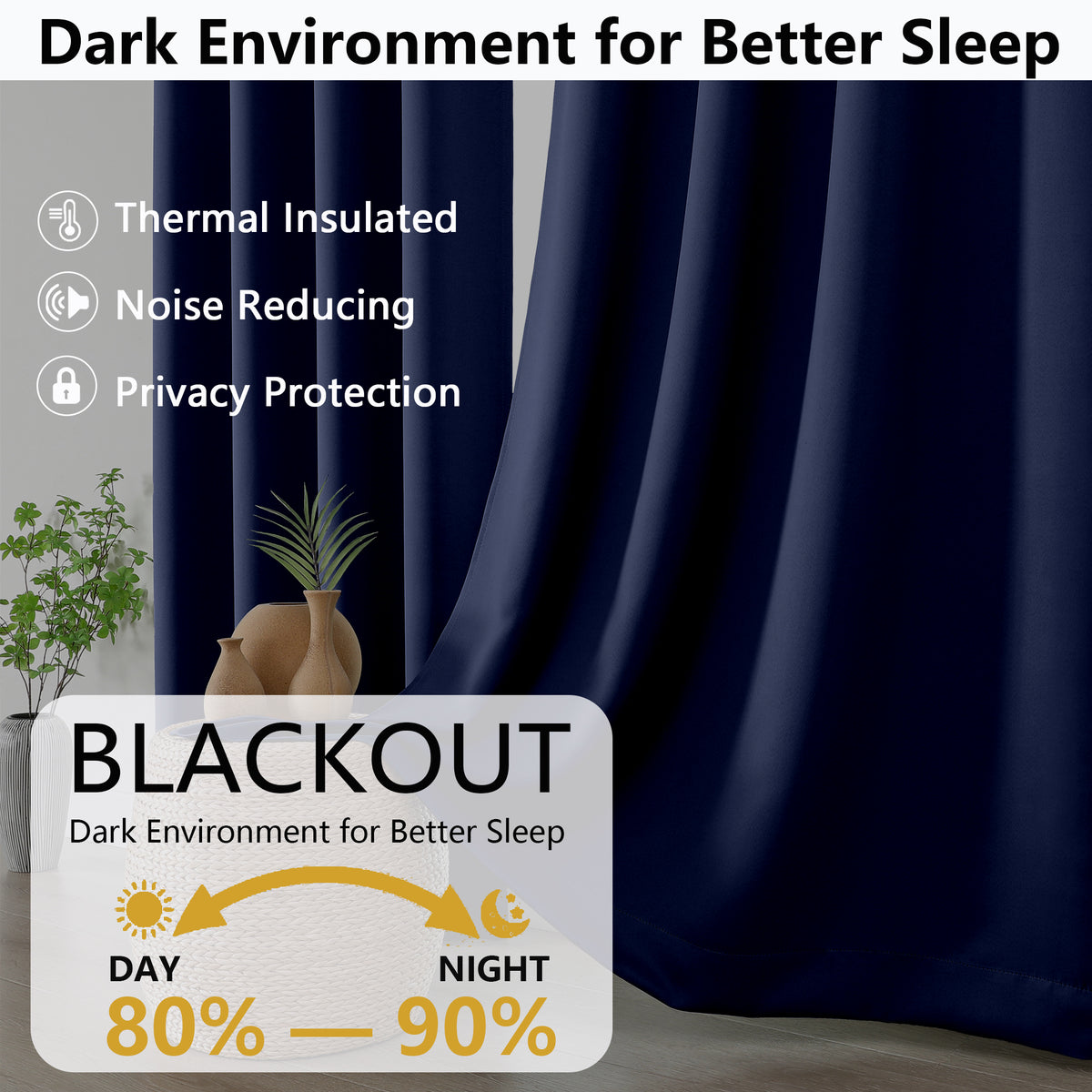 MKHILL Grommet Blackout Curtains, 2 Panels - Navy - product detail